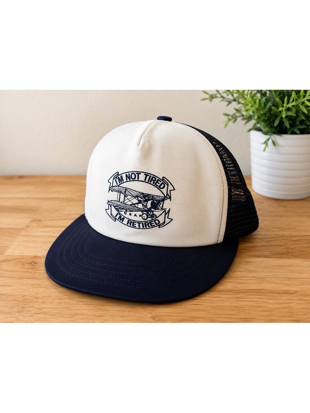 VTG 80s Im Not Tired Im Retired Biplane Trucker Hat Made in USA Navy Blue